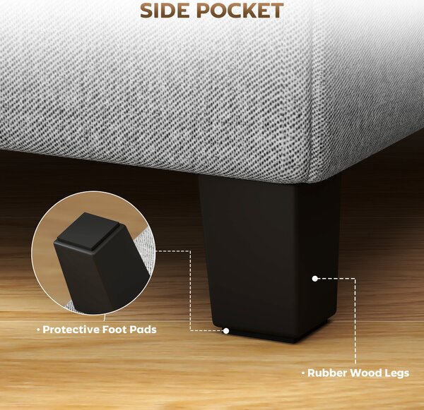 HOMCOM Square Footstool, Small Ottoman with Side Pocket, Linen Fabric Footrest Foot Stool with Rubber Wood Legs and Padded Seat for Living Room, Bedroom, Entryway, 35 x 35 x 35cm, Light Grey