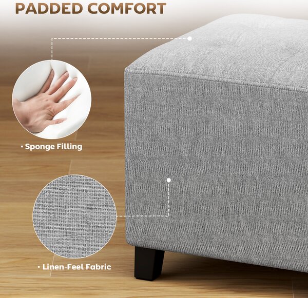 HOMCOM Square Footstool, Small Ottoman with Side Pocket, Linen Fabric Footrest Foot Stool with Rubber Wood Legs and Padded Seat for Living Room, Bedroom, Entryway, 35 x 35 x 35cm, Light Grey