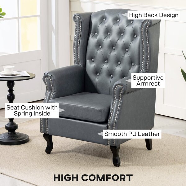 HOMCOM Wingback Accent Chair Tufted Chesterfield-style Armchair with Nail Head Trim for Living Room Bedroom Grey