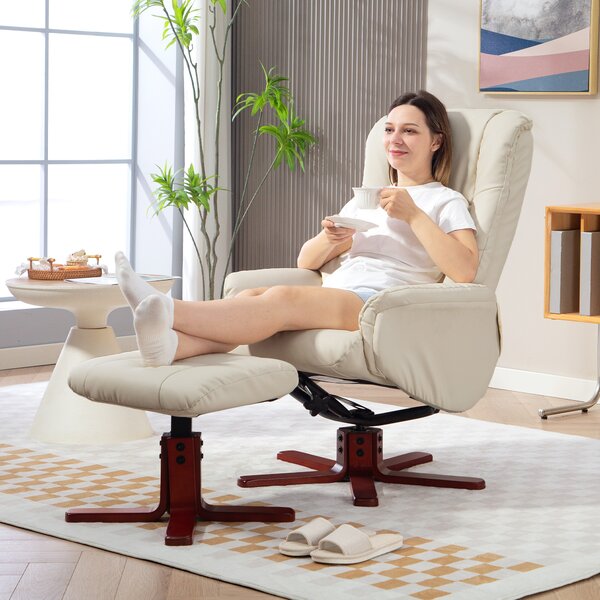 HOMCOM Rocking Recliner Chair with Footstool, PU Leather Recliner Armchair with Wood Base, Upholstered Reclining Chair for Living Room Bedroom, Cream
