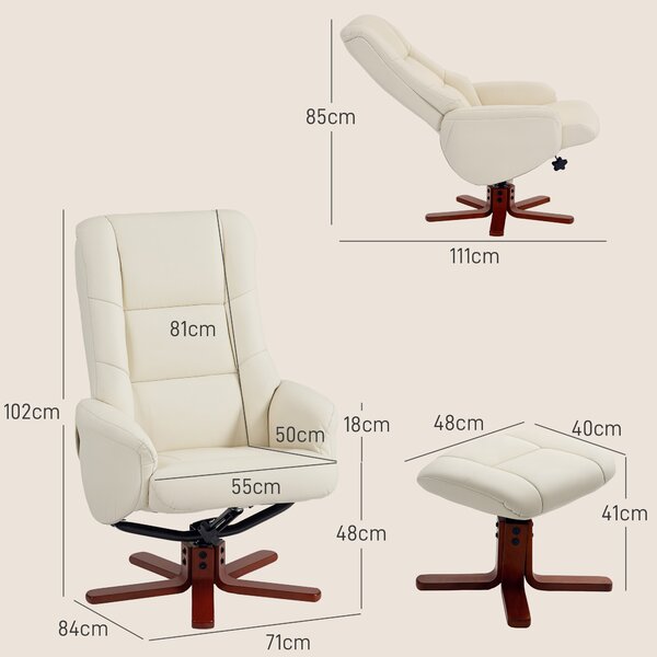 HOMCOM Rocking Recliner Chair with Footstool, PU Leather Recliner Armchair with Wood Base, Upholstered Reclining Chair for Living Room Bedroom, Cream