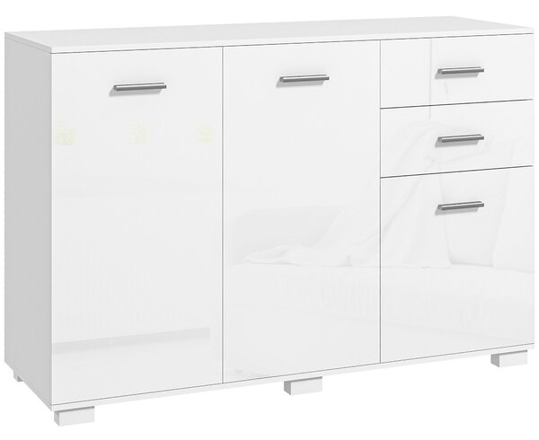 HOMCOM Sideboard, Modern Storage Cabinet w/ 2 Drawers, 3 Doors, Adjustable Shelves, Kitchen Cabinet for Living Room, Dining Room, High Gloss White