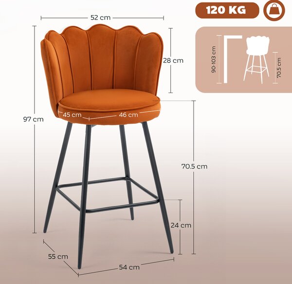 HOMCOM Set of Two Velvet-Feel Lotus Bar Stools - Orange