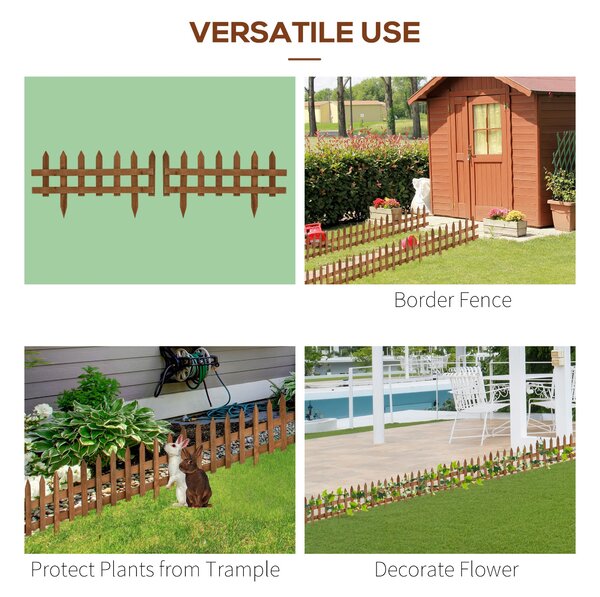 Outsunny Pack of 24 Wooden Border Fences, Garden Fixed Picket Fence for Lawn Edging, Flowerbed, 60L x 1D x 34H cm, Brown