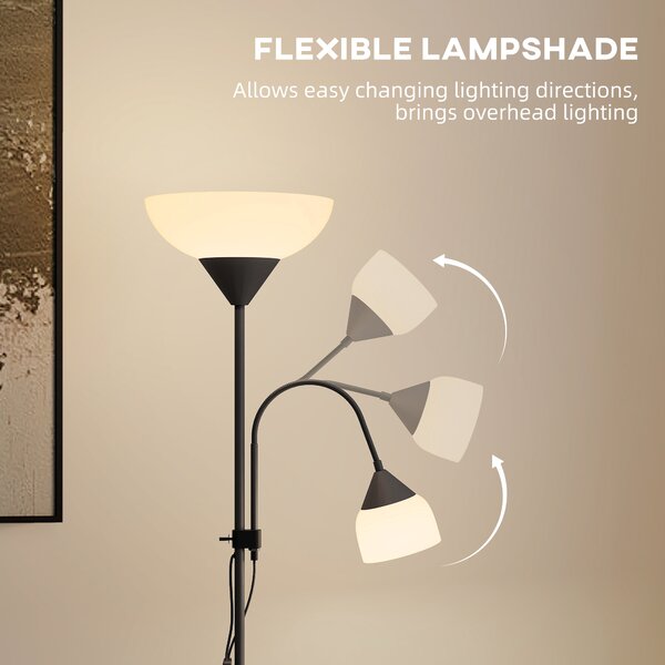 HOMCOM LED Floor Lamp for Living Room, 180cm Tall Standing Lamp, Mother and Child Uplighter with Adjustable Gooseneck, Black