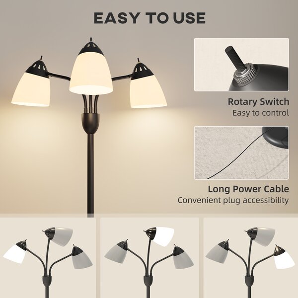 HOMCOM Arc Tree Floor Lamp with 3 Adjustable Rotating Lights and 3000K/4500K/6500K Colour Temperatures, Industrial Standing Lamp with Steel Frame for Bedroom Living Room, 155cm, Black
