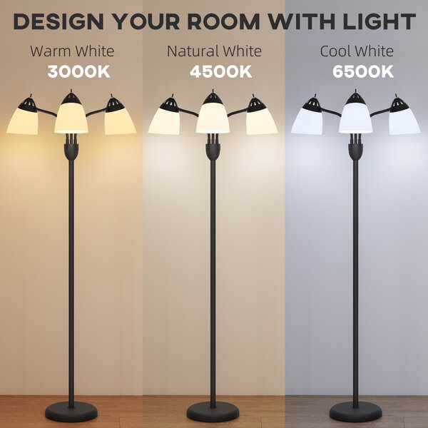 HOMCOM Arc Tree Floor Lamp with 3 Adjustable Rotating Lights and 3000K/4500K/6500K Colour Temperatures, Industrial Standing Lamp with Steel Frame for Bedroom Living Room, 155cm, Black