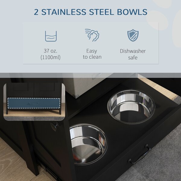 PawHut Pet Feeding Station with Raised Dog Bowls, Adjustable Panel, Hooks, Black