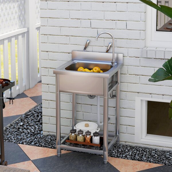 HOMCOM Outdoor Utility Sink, Free Standing Single Bowl Kitchen Sink with Cold and Hot Water Pipe and Storage Shelf for Laundry Garage, Silver Tone