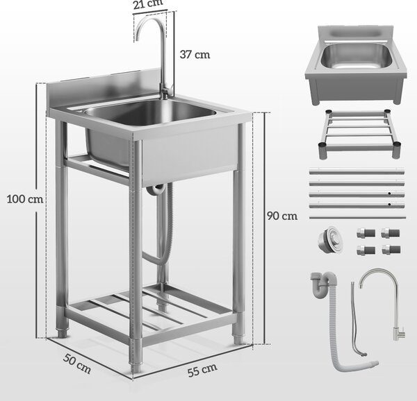 HOMCOM Outdoor Utility Sink, Free Standing Single Bowl Kitchen Sink with Cold and Hot Water Pipe and Storage Shelf for Laundry Garage, Silver Tone
