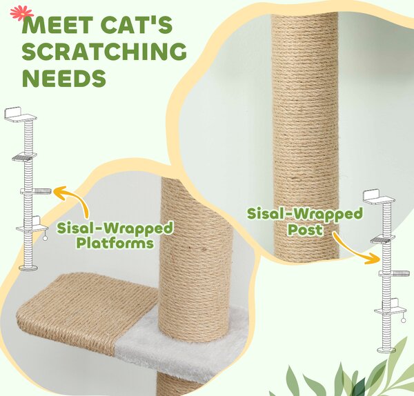 PawHut Wall Mounted Cat Shelves, Cat Climbing Wall with 4 Climbing Platforms, Jute Scratching Post and Toy Ball,180cm Tall, Light Grey