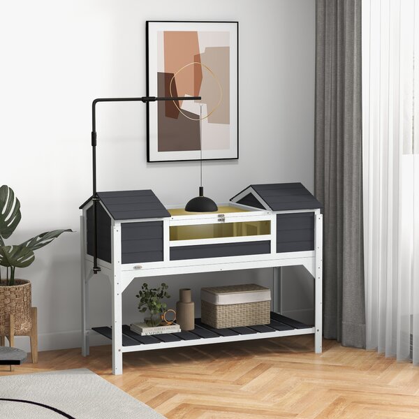 PawHut Wooden Tortoise Enclosure with Adjustable Lamp Holder, Openable Lid, Dual Main Houses, Storage Shelf, Fixed Tray - Grey Aosom UK