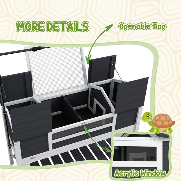 PawHut Wooden Tortoise Enclosure with Adjustable Lamp Holder, Openable Lid, Dual Main Houses, Storage Shelf, Fixed Tray - Grey Aosom UK
