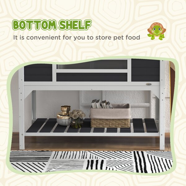 PawHut Wooden Tortoise Enclosure with Adjustable Lamp Holder, Openable Lid, Dual Main Houses, Storage Shelf, Fixed Tray - Grey Aosom UK