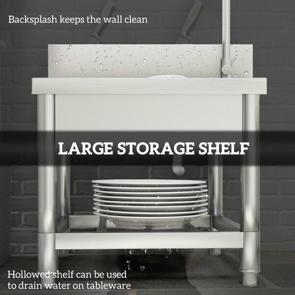 HOMCOM Outdoor Utility Sink, Free Standing Single Bowl Kitchen Sink with Cold and Hot Water Pipe and Storage Shelf for Laundry Garage, Silver Tone