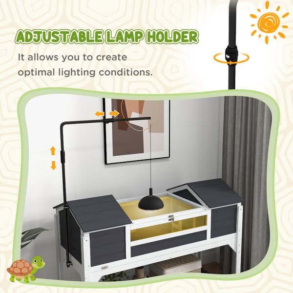PawHut Wooden Tortoise Enclosure with Adjustable Lamp Holder, Openable Lid, Dual Main Houses, Storage Shelf, Fixed Tray - Grey Aosom UK