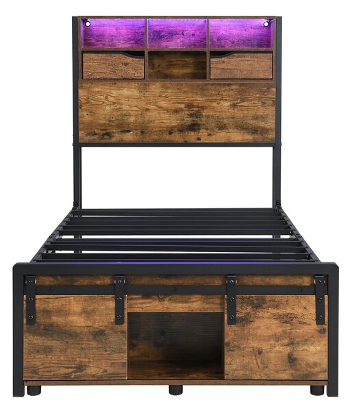 Modern Metal Single Bed with LED Lights and Charging Ports, Crafted Headboard with Iron Slats, 209L x 90.5W x 114.5H cm, Black+Natural Aosom UK