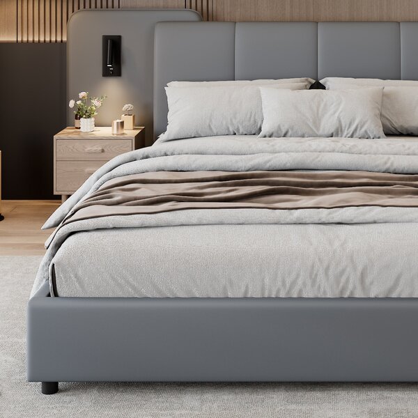 Upholstered Double Bed with Charging Port and Lighting, Full-Size Bed with Impact-Resistant Sponge Padding, 209L x 221W x 86.5H cm, Grey Aosom UK