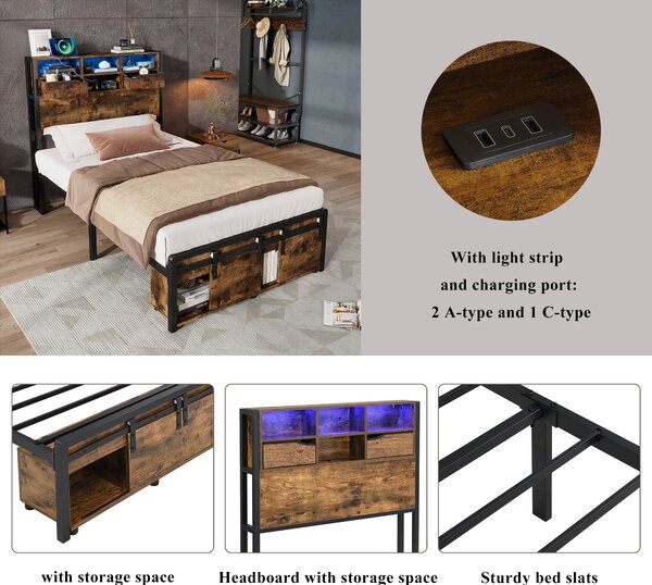 Modern Metal Single Bed with LED Lights and Charging Ports, Crafted Headboard with Iron Slats, 209L x 90.5W x 114.5H cm, Black+Natural Aosom UK