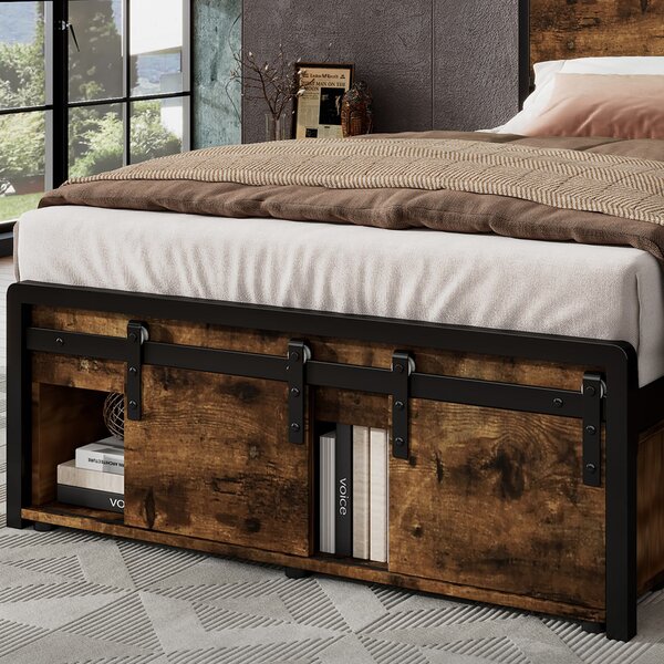 Modern Metal Single Bed with LED Lights and Charging Ports, Crafted Headboard with Iron Slats, 209L x 90.5W x 114.5H cm, Black+Natural Aosom UK
