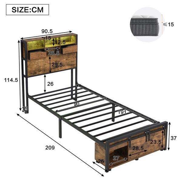 Modern Metal Single Bed with LED Lights and Charging Ports, Crafted Headboard with Iron Slats, 209L x 90.5W x 114.5H cm, Black+Natural Aosom UK