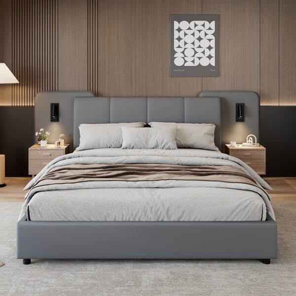 Upholstered Double Bed with Charging Port and Lighting, Full-Size Bed with Impact-Resistant Sponge Padding, 209L x 221W x 86.5H cm, Grey Aosom UK