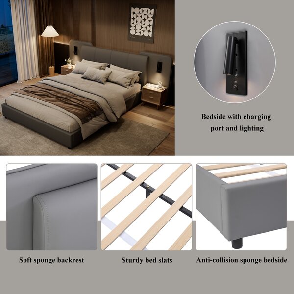 Upholstered Double Bed with Charging Port and Lighting, Full-Size Bed with Impact-Resistant Sponge Padding, 209L x 221W x 86.5H cm, Grey Aosom UK