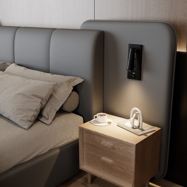 Upholstered Double Bed with Charging Port and Lighting, Full-Size Bed with Impact-Resistant Sponge Padding, 209L x 221W x 86.5H cm, Grey Aosom UK