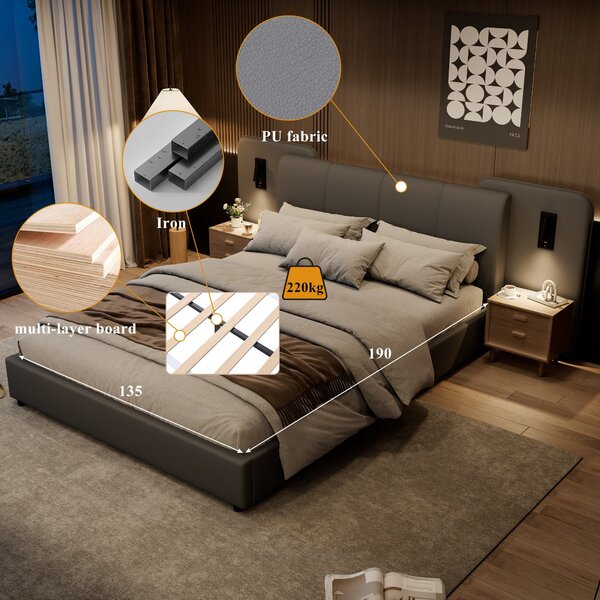 Upholstered Double Bed with Charging Port and Lighting, Full-Size Bed with Impact-Resistant Sponge Padding, 209L x 221W x 86.5H cm, Grey Aosom UK