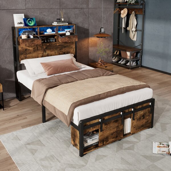 Modern Metal Single Bed with LED Lights and Charging Ports, Crafted Headboard with Iron Slats, 209L x 90.5W x 114.5H cm, Black+Natural Aosom UK