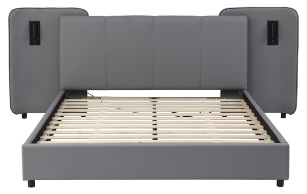 Upholstered Double Bed with Charging Port and Lighting, Full-Size Bed with Impact-Resistant Sponge Padding, 209L x 221W x 86.5H cm, Grey Aosom UK