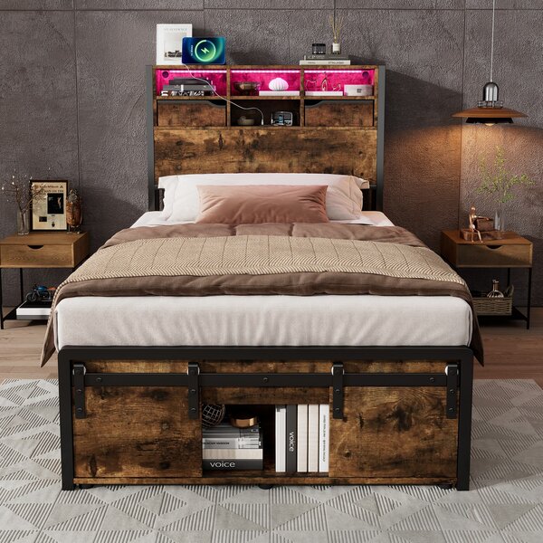 Modern Metal Single Bed with LED Lights and Charging Ports, Crafted Headboard with Iron Slats, 209L x 90.5W x 114.5H cm, Black+Natural Aosom UK
