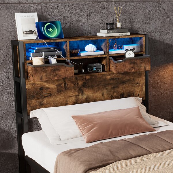 Modern Metal Single Bed with LED Lights and Charging Ports, Crafted Headboard with Iron Slats, 209L x 90.5W x 114.5H cm, Black+Natural Aosom UK
