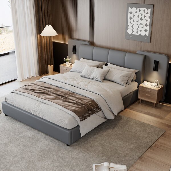 Upholstered Double Bed with Charging Port and Lighting, Full-Size Bed with Impact-Resistant Sponge Padding, 209L x 221W x 86.5H cm, Grey Aosom UK