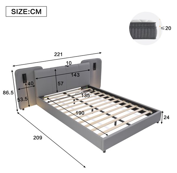 Upholstered Double Bed with Charging Port and Lighting, Full-Size Bed with Impact-Resistant Sponge Padding, 209L x 221W x 86.5H cm, Grey Aosom UK