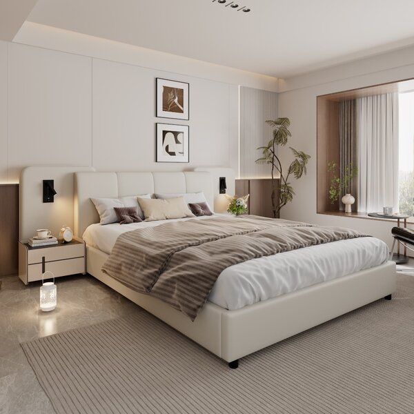 Upholstered Double Bed with Charging Port and Lighting, Headboard with Impact-Resistant Sponge Padding, 209L x 221W x 86.5H cm, Beige Aosom UK