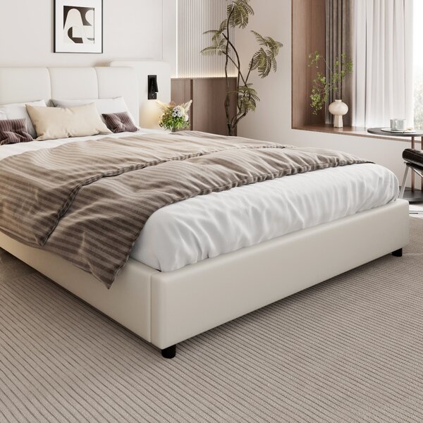 Upholstered Double Bed with Charging Port and Lighting, Headboard with Impact-Resistant Sponge Padding, 209L x 221W x 86.5H cm, Beige Aosom UK