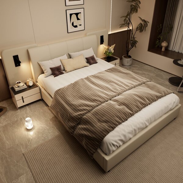 Upholstered Double Bed with Charging Port and Lighting, Headboard with Impact-Resistant Sponge Padding, 209L x 221W x 86.5H cm, Beige Aosom UK