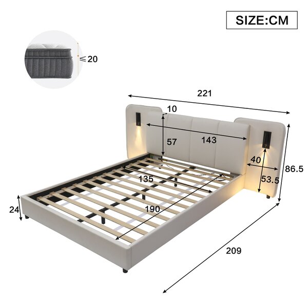 Upholstered Double Bed with Charging Port and Lighting, Headboard with Impact-Resistant Sponge Padding, 209L x 221W x 86.5H cm, Beige Aosom UK