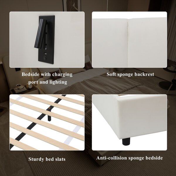 Upholstered Double Bed with Charging Port and Lighting, Headboard with Impact-Resistant Sponge Padding, 209L x 221W x 86.5H cm, Beige Aosom UK