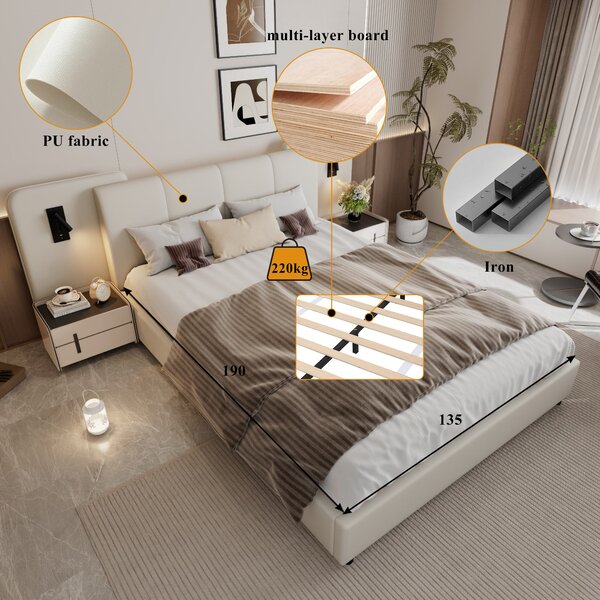 Upholstered Double Bed with Charging Port and Lighting, Headboard with Impact-Resistant Sponge Padding, 209L x 221W x 86.5H cm, Beige Aosom UK