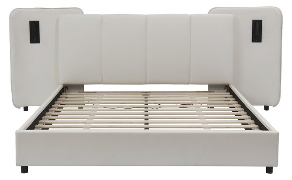 Upholstered Double Bed with Charging Port and Lighting, Headboard with Impact-Resistant Sponge Padding, 209L x 221W x 86.5H cm, Beige Aosom UK