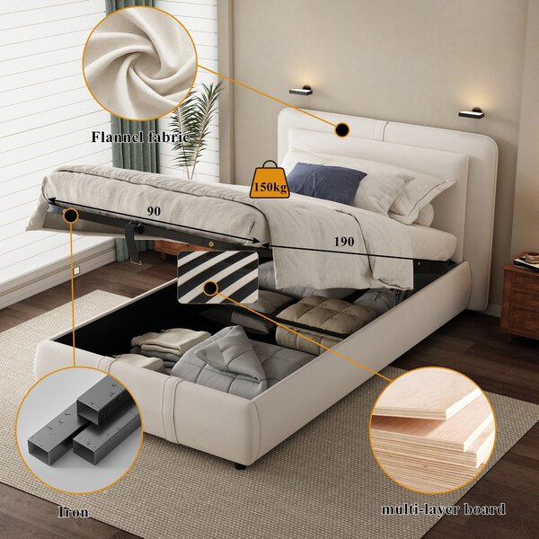 Upholstered Hydraulic Bed with Storage and Removable Headboard, Crafted Headboard with Velvet and Plywood, 210L x 110W x 90H cm, Beige Aosom UK