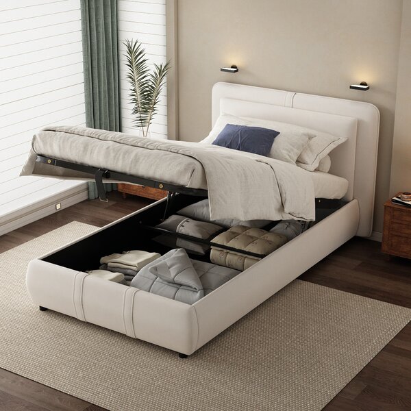Upholstered Hydraulic Bed with Storage and Removable Headboard, Crafted Headboard with Velvet and Plywood, 210L x 110W x 90H cm, Beige Aosom UK