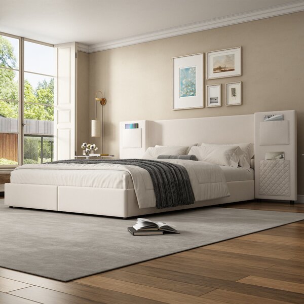 Upholstered Double Bed with Storage Drawers and Headboard Pockets, Bed Frame with Velvet and Plywood, 229L x 222.5W x 87.5H cm, Beige Aosom UK