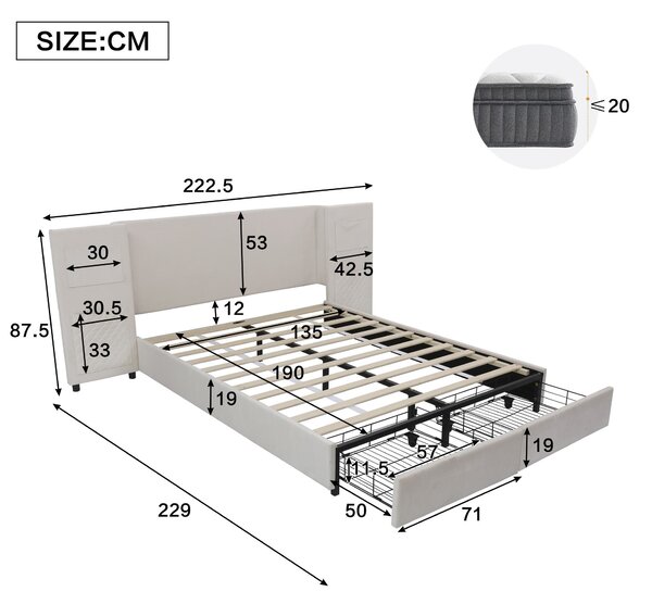 Upholstered Double Bed with Storage Drawers and Headboard Pockets, Bed Frame with Velvet and Plywood, 229L x 222.5W x 87.5H cm, Beige Aosom UK