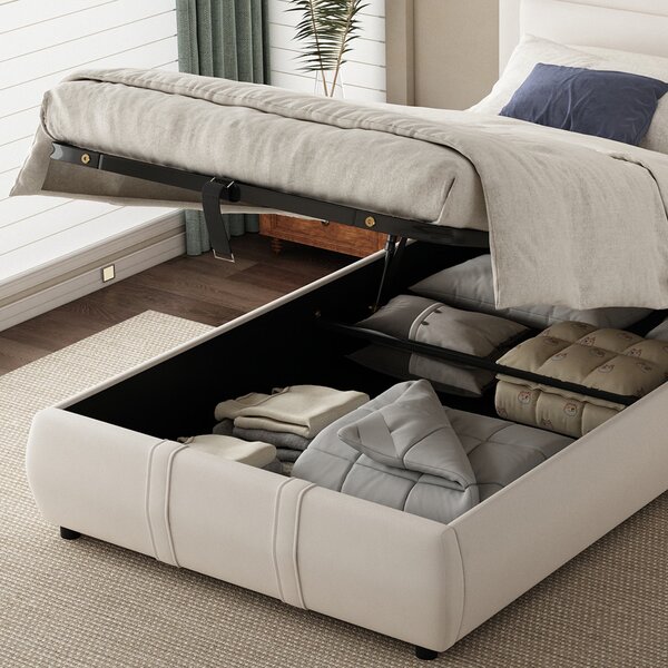 Upholstered Hydraulic Bed with Storage and Removable Headboard, Crafted Headboard with Velvet and Plywood, 210L x 110W x 90H cm, Beige Aosom UK