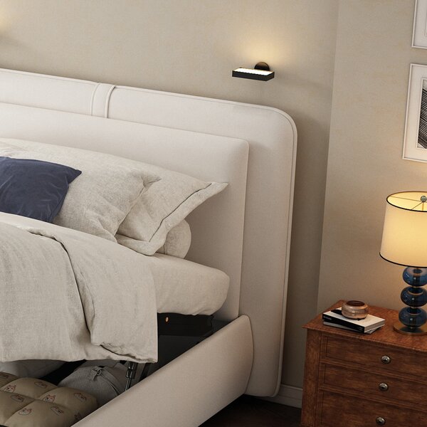 Upholstered Hydraulic Bed with Storage and Removable Headboard, Crafted Headboard with Velvet and Plywood, 210L x 110W x 90H cm, Beige Aosom UK
