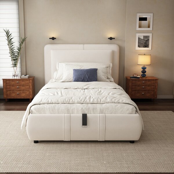 Upholstered Hydraulic Bed with Storage and Removable Headboard, Crafted Headboard with Velvet and Plywood, 210L x 110W x 90H cm, Beige Aosom UK