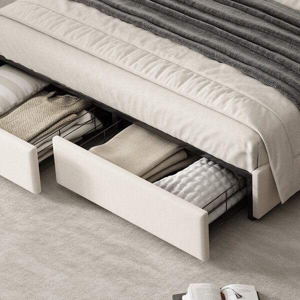 Upholstered Double Bed with Storage Drawers and Headboard Pockets, Bed Frame with Velvet and Plywood, 229L x 222.5W x 87.5H cm, Beige Aosom UK